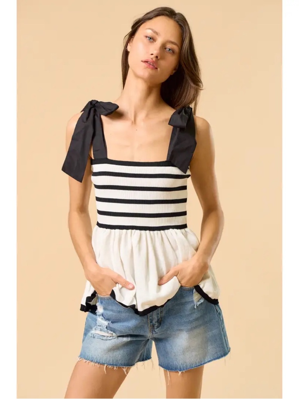 Black & White Striped Tie-Shoulder Peplum Tank Top